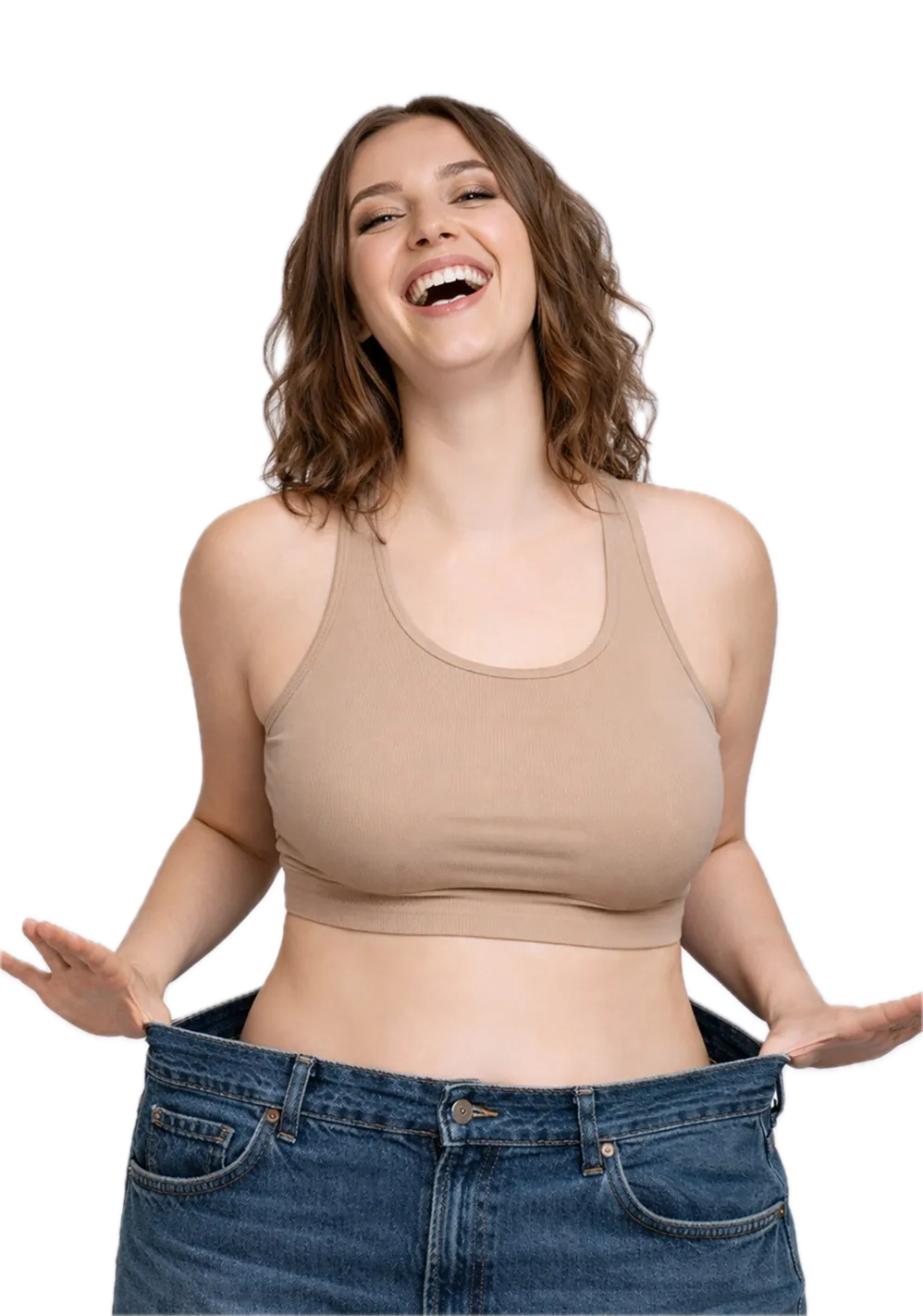 Happy woman showing wellness progress with Compounded GLP-1 Injection